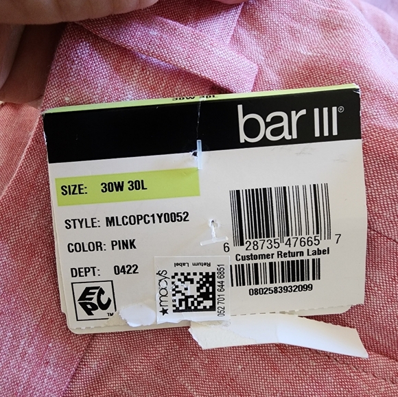 Bar lll Linen Pink Pnats Size 30w 30in Inseam New With Tags - Picture 3 of 5